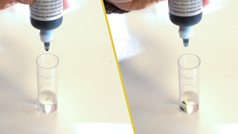 Titrierlösung Tropfen für Tropfen in Messbecher geben