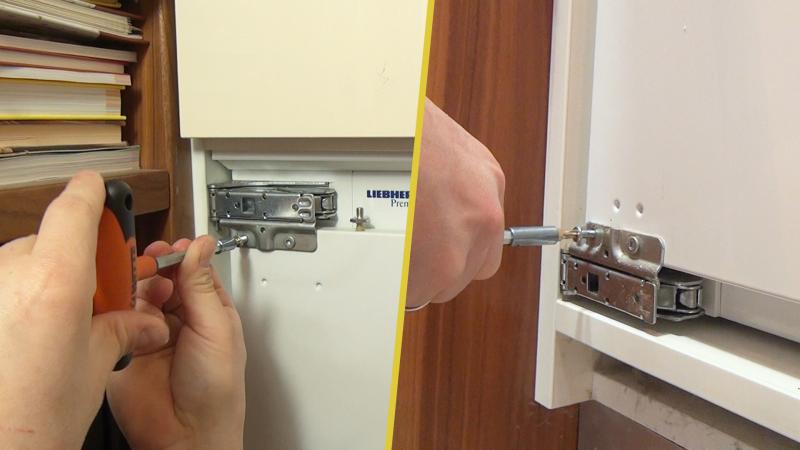 Schrauben der Kühlschranktür von den Scharnieren abschrauben Schrauben der Kühlschranktür von den Scharnieren abschrauben