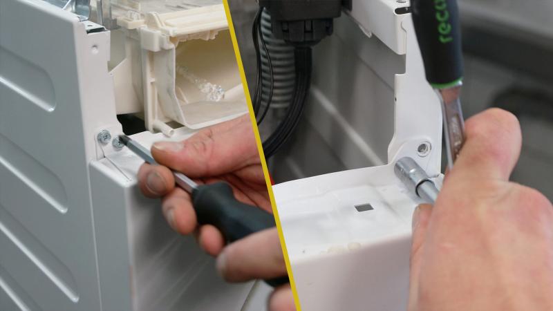 Schrauben der Frontblende an der Waschmaschinen Vorderseite entfernen Schrauben der Frontblende an der Waschmaschinen Vorderseite entfernen