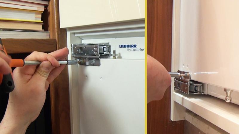 Kühlschranktür mit den Scharnieren verschrauben Kühlschranktür mit den Scharnieren verschrauben